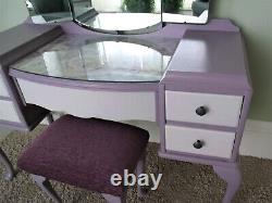 Glass Topped Queen Anne Style Dressing Table & Matching Stool, upcycled in lilac