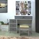 Gray Dressing Table Stool Jewelry Makeup Desk With Led Mirror & 4 Drawers Bedroom