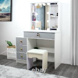 Gray Dressing Table Stool Jewelry Makeup Desk with Led Mirror & 4 Drawers Bedroom