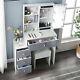 Grey Dressing Table With Led Bulbs Mirror 5 Drawers & Stool Set Make Up Desk