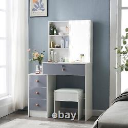 Grey Dressing Table With LED Bulbs Mirror 5 Drawers & Stool Set Make Up Desk