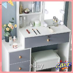 Grey Modern Dressing Table Makeup Desk Sliding Mirror Shelf Stool 4 Drawers UK