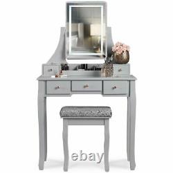 Grey Modern Dressing Table with Touch LED Mirror 5 Drawers Stool Set Makeup Desk