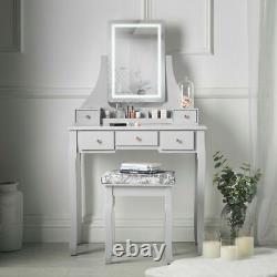 Grey Modern Dressing Table with Touch LED Mirror 5 Drawers Stool Set Makeup Desk