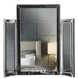Grey Tri Fold Desktop Triple Mirror Bevelled Glass Vanity Dressing Table Bedroom