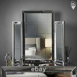 Grey Tri Fold Desktop Triple Mirror Bevelled Glass Vanity Dressing Table Bedroom