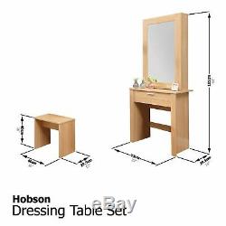 Hobson Mirrored Dressing Table Set Unit Makeup Dresser Desk Drawer & Stool Oak