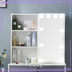 Hollywood LED Bulbs Sliding Mirror White Vanity Table & Stool Makeup Desk Set