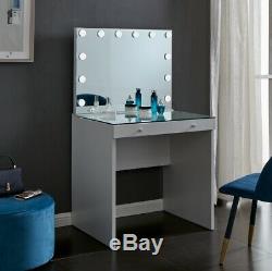 Hollywood Mirror & Dressing Table Vanity Set White LED Bulb Lights Glass Top
