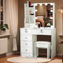 Hollywood New Vanity Dressing Table Set with LED Lights Mirror & 6 Drawers & Stool