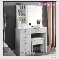Hollywood New Vanity Dressing Table Set with LED Lights Mirror + 6 Drawers & Stool