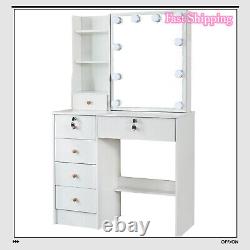 Hollywood New Vanity Dressing Table Set with LED Lights Mirror + 6 Drawers & Stool