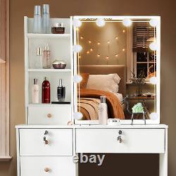 Hollywood New Vanity Dressing Table Set with LED Lights Mirror & 6 Drawers & Stool