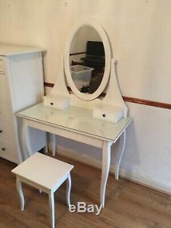 Ikea hemnes dressing tablewhite, with glass top + mirror + stool