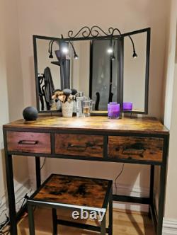 Industrial Style Dressing Table Vanity Mirror & Stool Set Makeup Desk 3 Drawers