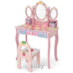 Kids Vanity Makeup Dressing Table & Chair Set With Tri-fold Mirror & Drawers Pink