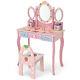 Kids Vanity Makeup Dressing Table & Chair Set With Tri-fold Mirror & Drawers Pink