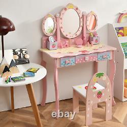 Kids Vanity Makeup Dressing Table & Chair Set With Tri-fold Mirror & Drawers Pink