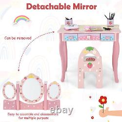 Kids Vanity Makeup Dressing Table & Chair Set With Tri-fold Mirror & Drawers Pink