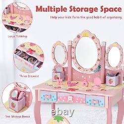 Kids Vanity Makeup Dressing Table & Chair Set With Tri-fold Mirror & Drawers Pink