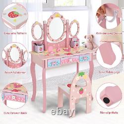 Kids Vanity Makeup Dressing Table & Chair Set With Tri-fold Mirror & Drawers Pink