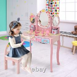 Kids Vanity Makeup Dressing Table & Chair Set With Tri-fold Mirror & Drawers Pink