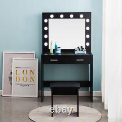 LED Dressing Table Makeup Desk Black with Lights Mirror Stool Set 2 Drawers