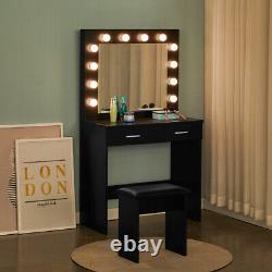 LED Dressing Table Makeup Desk Black with Lights Mirror Stool Set 2 Drawers