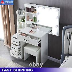 LED Light Vanity Dressing Table Set Bedroom Makeup Desk With Mirror Stool Drawer
