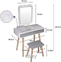 LED Lighted Dressing Table 2 Drawer Square Mirror Modern Makeup Vanity Stool Set