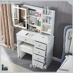 LED Lighted Dressing Table with Mirror 6 Drawers Stool Bedroom Vanity Makeup Desk