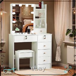 LED Lighted Dressing Vanity Makeup Desk Set Stool with Hollywood Sliding Mirror