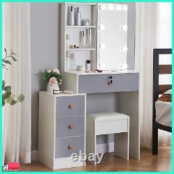 LED Lighted Mirror Dressing Table And Shelf Stool Vanity Table Makeup Desk UK