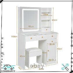 LED Lighting Sliding Mirror Dressing Table Stool Set 5 Drawers with Cabinet