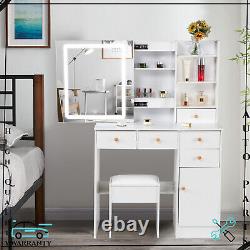 LED Lighting Sliding Mirror Dressing Table Stool Set 5 Drawers with Cabinet
