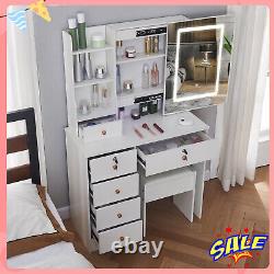 LED Sliding Mirror + Drawers Vanity Makeup Desk Stool Set Modern Dressing Table
