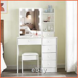 LED Sliding Mirror Dressing Table Vanity Set with Stool Storage 6 Drawers Shelf