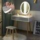 Led White Dressing Table Jewelry Makeup Desk Oval Mirror & Drawer Bedroom Modern