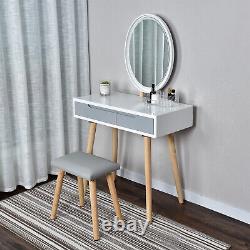 LED White Dressing Table Jewelry Makeup Desk Oval Mirror & Drawer Bedroom Modern