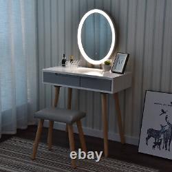 LED White Dressing Table Jewelry Makeup Desk Oval Mirror & Drawer Bedroom Modern