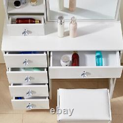 Large Dressing Table Stool Set with LED Light Mirror, White Vanity Make up Desk