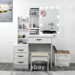 Large Dressing Table Stool Set withLED Light Sliding Mirror Makeup Table 4 Drawers