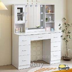 Large Dressing Table Vanity Makeup Desk With Hollywood Mirror Cabinet 7 Drawers