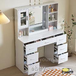 Large Dressing Table Vanity Makeup Desk With Hollywood Mirror Cabinet 7 Drawers