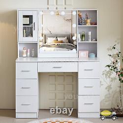 Large Dressing Table Vanity Makeup Desk With Hollywood Mirror Cabinet 7 Drawers