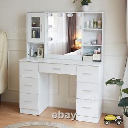 Large Dressing Table Vanity Makeup Desk With Hollywood Mirror Cabinet 7 Drawers