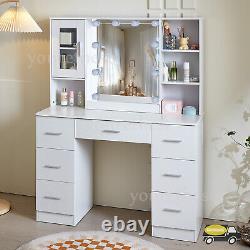 Large Dressing Table Vanity Makeup Desk With Hollywood Mirror Cabinet 7 Drawers