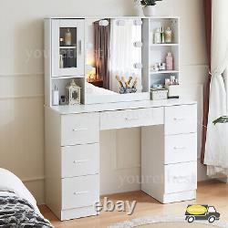 Large Dressing Table Vanity Makeup Desk With Hollywood Mirror Cabinet 7 Drawers