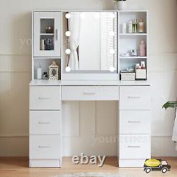 Large Dressing Table Vanity Makeup Desk With Hollywood Mirror Cabinet 7 Drawers