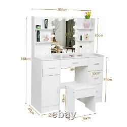 Large Dressing Table With Lighted Mirror 6 Drawers Vanity Makeup Desk Set +Stool